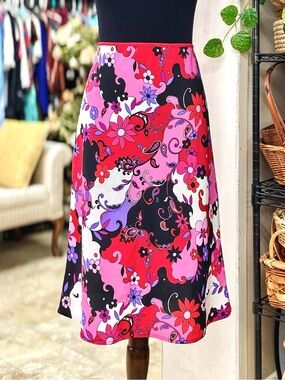 Vintage 90s Y2K Pink Floral Psychedelic Print Mod A-Line Midi Skirt Size 11